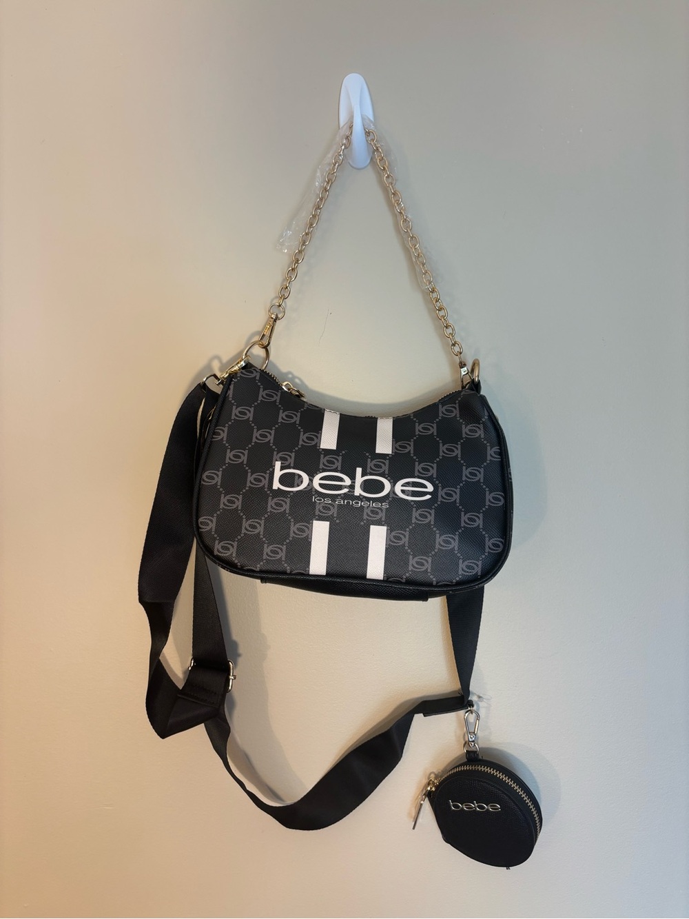 bebe Black Logo Shoulder Bag with Gold Chain
